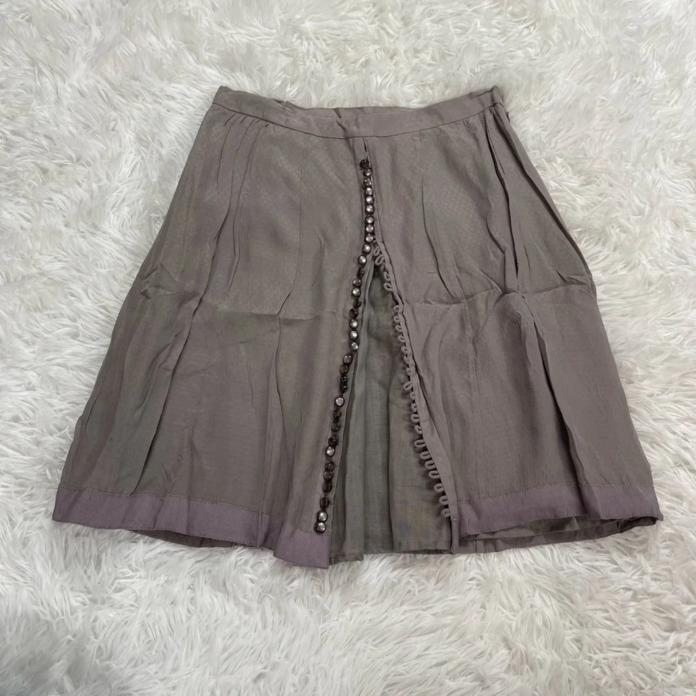 Anthropologie Odille 100% Silk Dusty Purple Full Front Buttoned Skirt Size 2